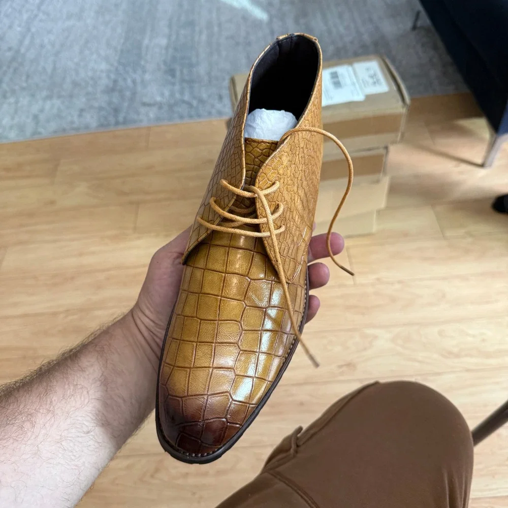 Santimon‎ Men's US 8.5 Tan Embossed Lace Up Pointed Toe Ankle Casual Boots